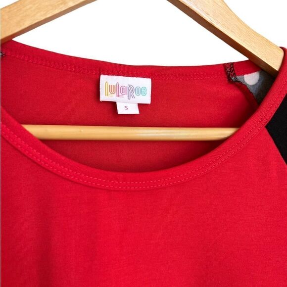 LuLaRoe Randy Tee Red with Black Sleeves and White Polka Dots Size Small - Picture 2 of 4